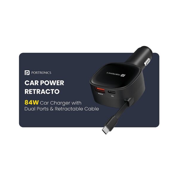 Car Power Retracto 84W Car Charger with Dual Ports & Retractable Cable