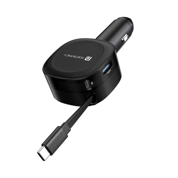 Car Power Flexo Car Charger with Dual Ports & Retractable Cable